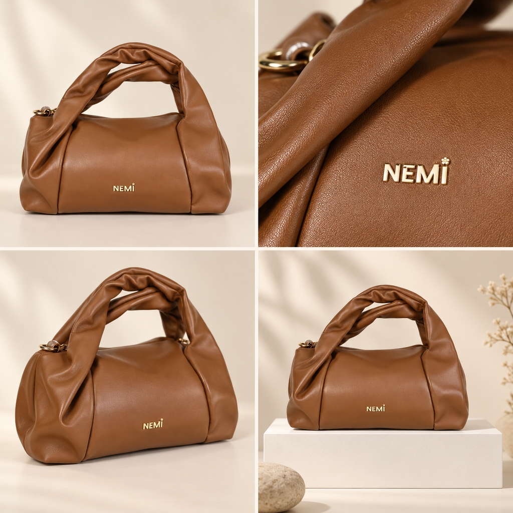 Cognac Brown Ruched Hobo Handbag | حقيبة هوبو بنية كونياك بتصميم مجعّد