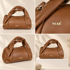 Cognac Brown Ruched Hobo Handbag | حقيبة هوبو بنية كونياك بتصميم مجعّد