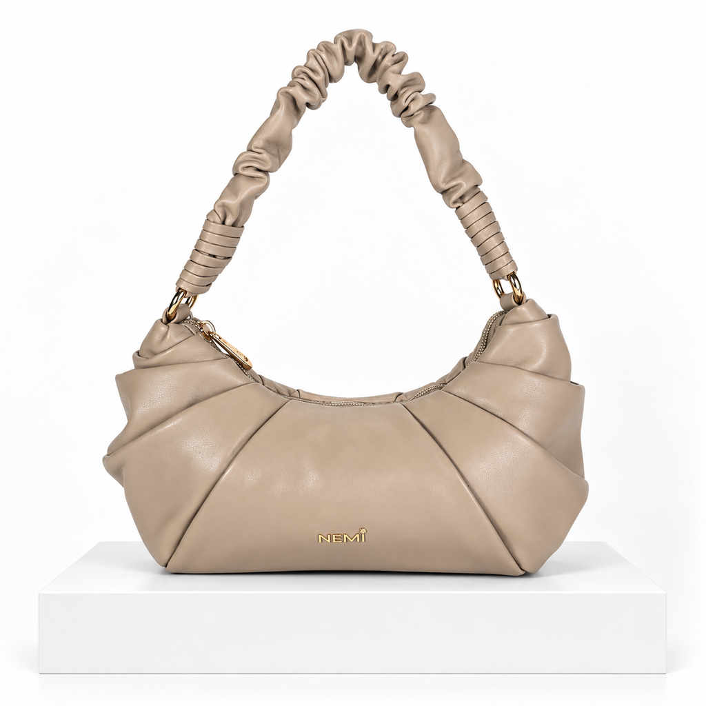 Beige Ruched Hobo Shoulder Handbag | حقيبة كتف هوبو بيج بتصميم مجعّد