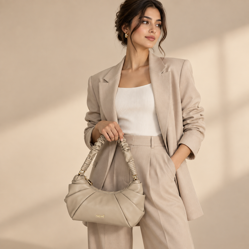 Beige Ruched Hobo Shoulder Handbag | حقيبة كتف هوبو بيج بتصميم مجعّد