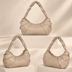 Beige Ruched Hobo Shoulder Handbag | حقيبة كتف هوبو بيج بتصميم مجعّد