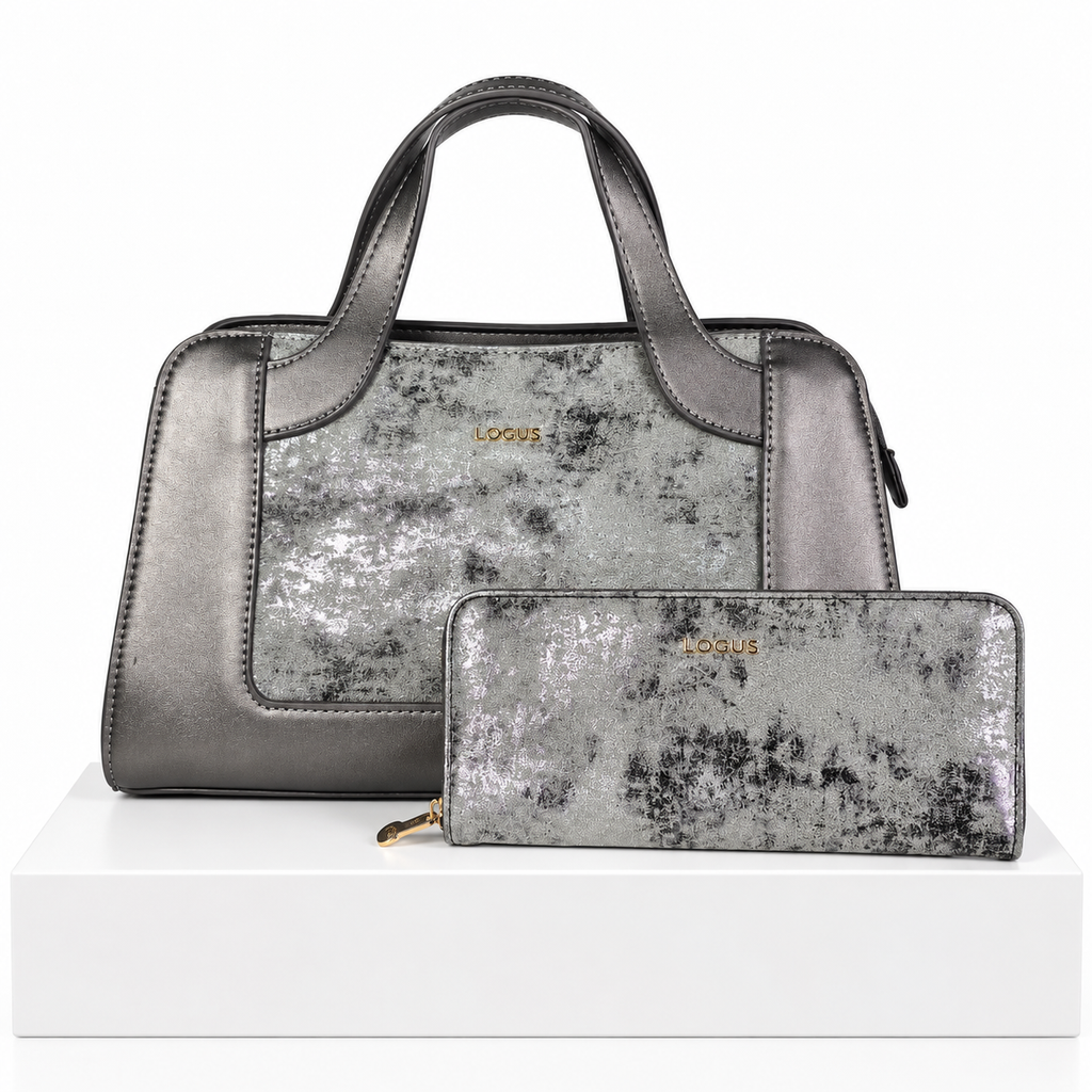 Silver Metallic Handbag & Clutch Set | طقم حقيبة يد وكلتش باللون الفضي المعدني