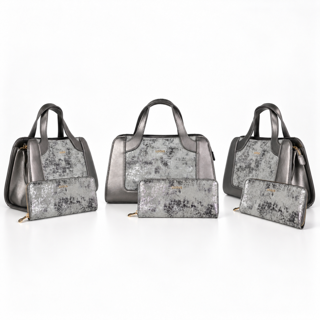 Silver Metallic Handbag & Clutch Set | طقم حقيبة يد وكلتش باللون الفضي المعدني