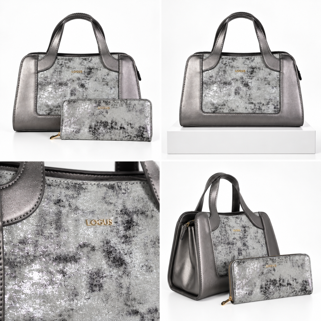Silver Metallic Handbag & Clutch Set | طقم حقيبة يد وكلتش باللون الفضي المعدني