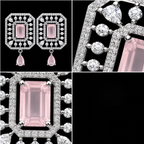 Silver Rhodium Pink Quartz CZ Emerald-Cut Stud Earrings – Luxury Geometric Drop Tops | أقراط زركون وردية