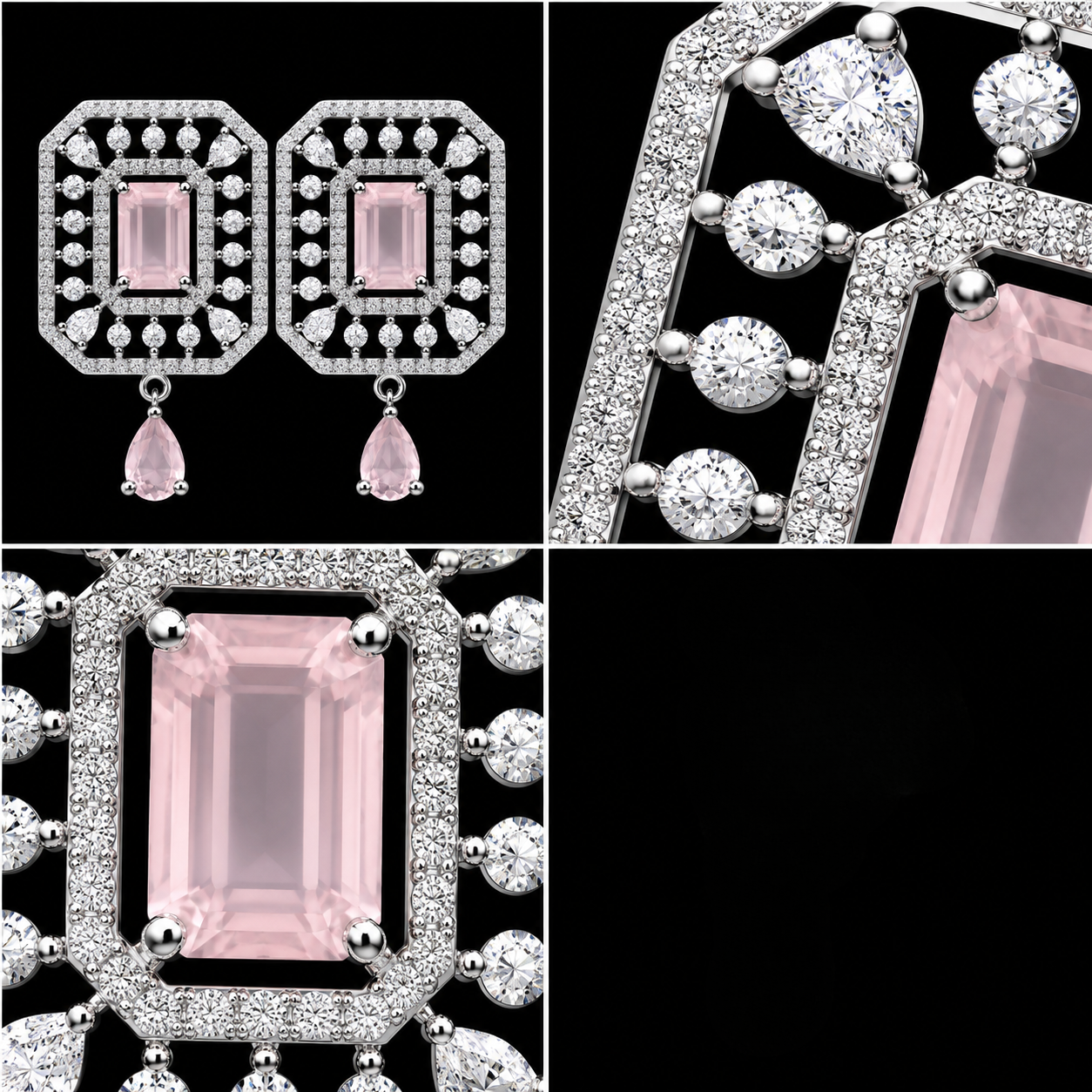 Silver Rhodium Pink Quartz CZ Emerald-Cut Stud Earrings – Luxury Geometric Drop Tops | أقراط زركون وردية