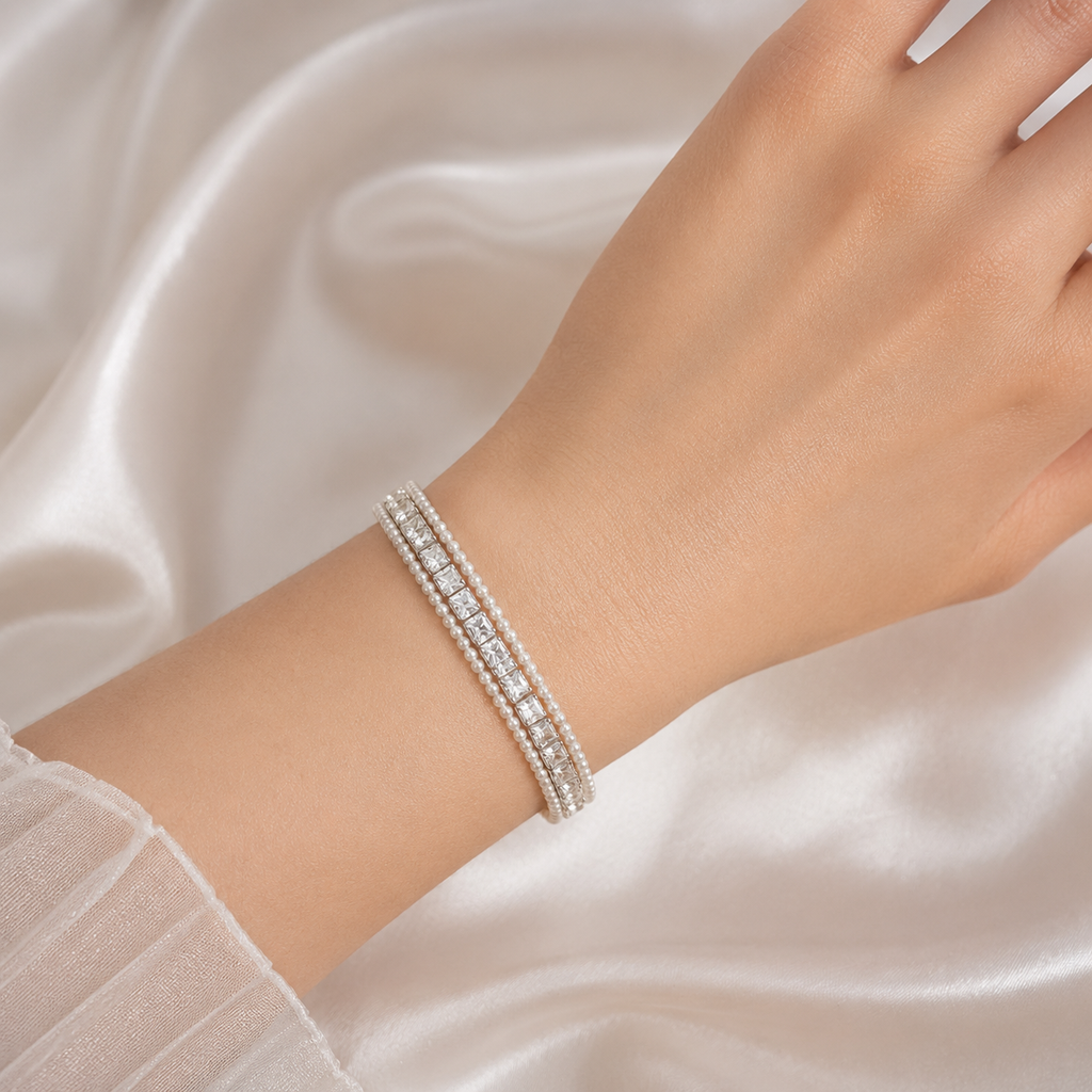 The Eternal Grace Triple-Row Pearl & Rhombus Bracelet | سوار "إيتيرنال غريس" بثلاثة صفوف من اللؤلؤ والمعين