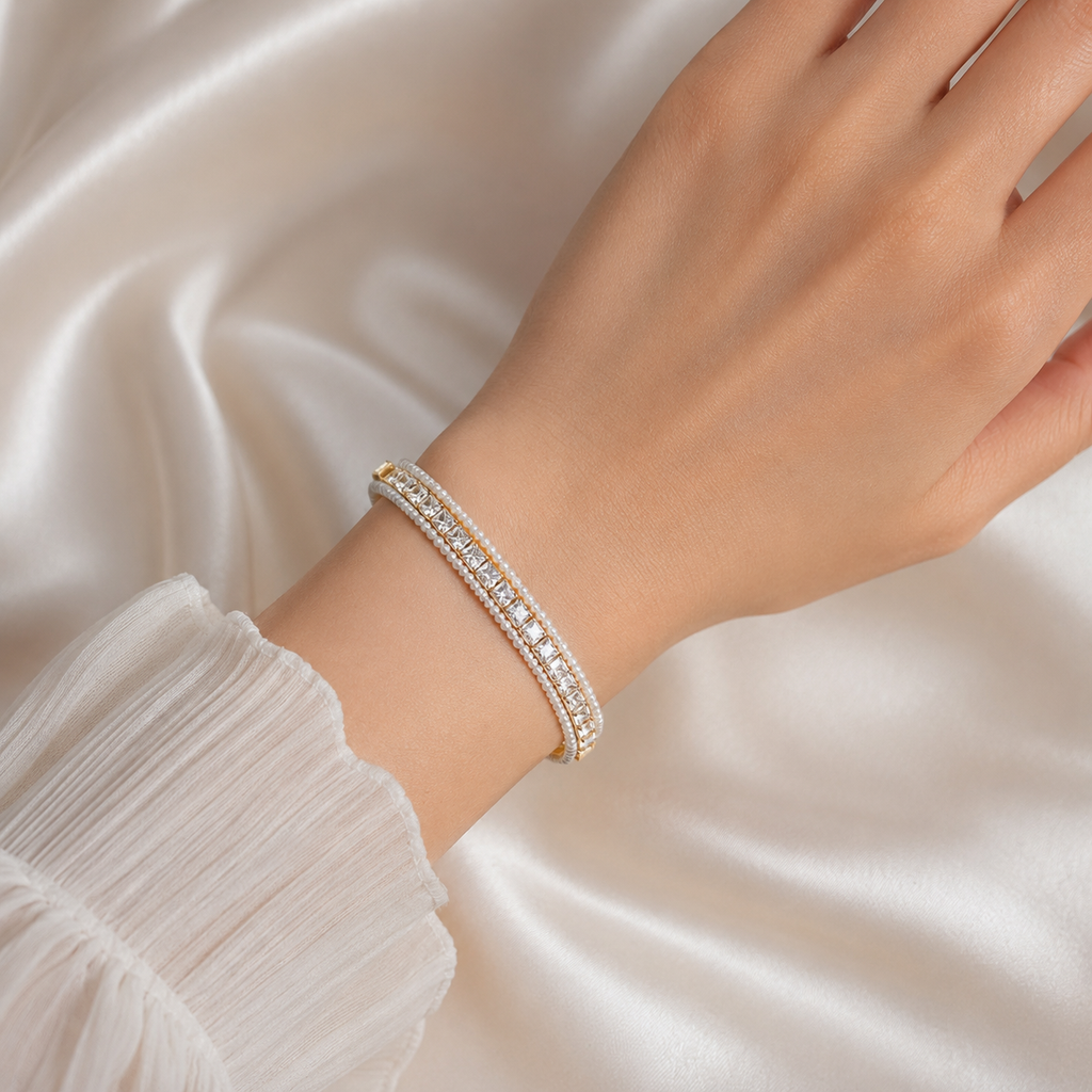 The Eternal Grace Triple-Row Pearl & Rhombus Bracelet | سوار "إيتيرنال غريس" بثلاثة صفوف من اللؤلؤ والمعين
