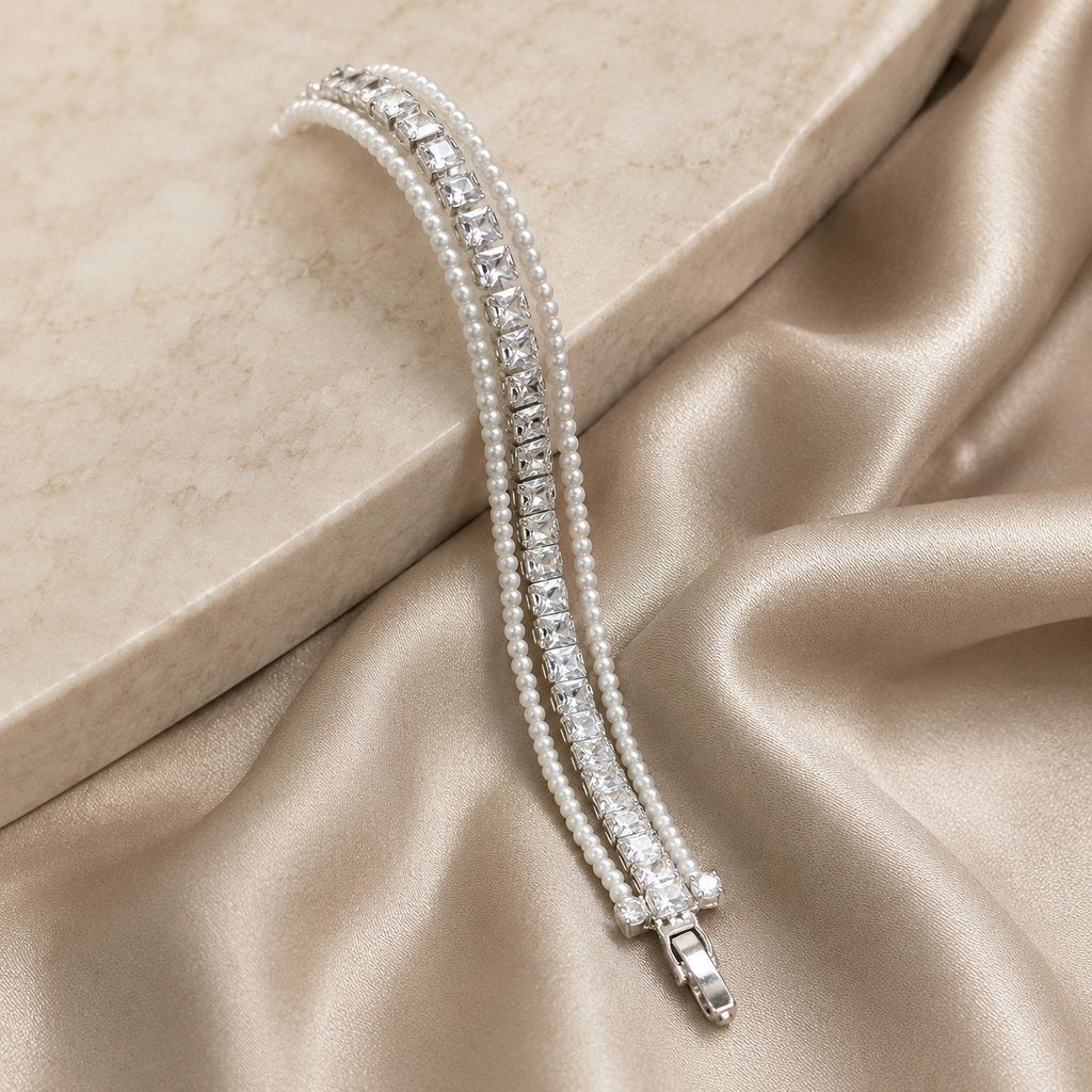 The Eternal Grace Triple-Row Pearl & Rhombus Bracelet | سوار "إيتيرنال غريس" بثلاثة صفوف من اللؤلؤ والمعين