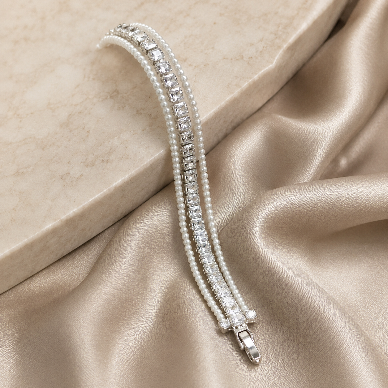 The Eternal Grace Triple-Row Pearl & Rhombus Bracelet | سوار "إيتيرنال غريس" بثلاثة صفوف من اللؤلؤ والمعين