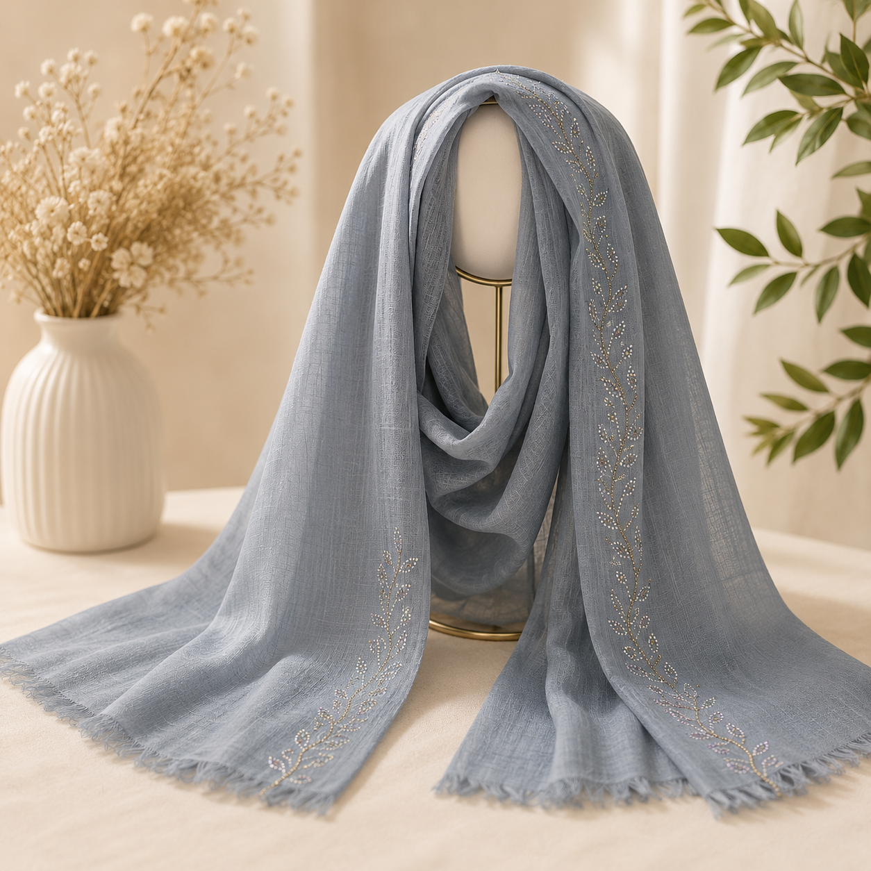 Luxury Embroidered Cotton Shayla Hijab | شيلة قطن فاخرة بتطريز أنيق - Fabric Cotton | القماش قطن