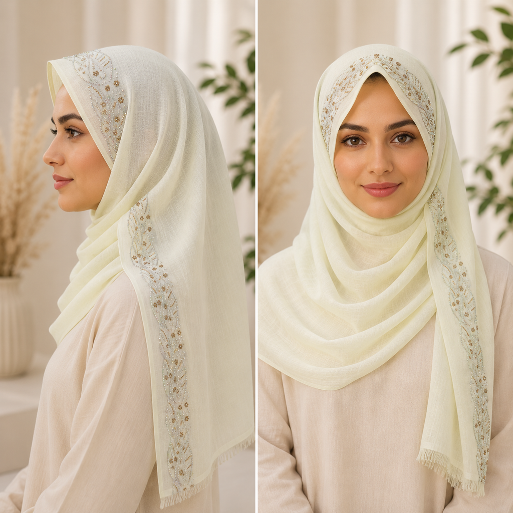 Luxury Embroidered Cotton Shayla Hijab | شيلة قطن فاخرة بتطريز أنيق - Fabric Cotton | القماش قطن