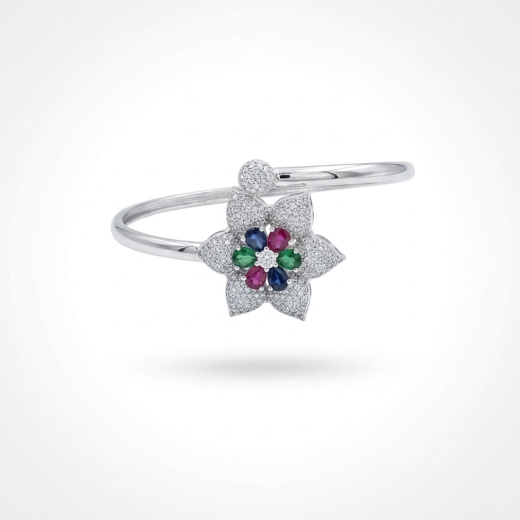 Celestial Flora Tri-Tone Silver Bracelet | سوار الزهور الثلاثي بألوان الزمرد والياقوت الأزرق والأحمر