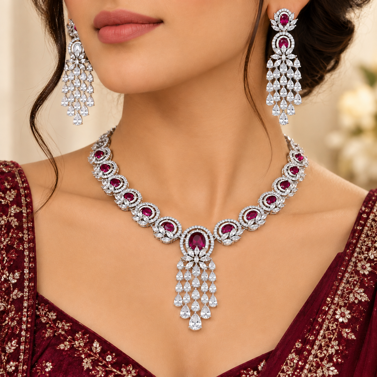 Elegant Ruby Crystal Chandelier Necklace & Earrings Set | طقم عقد وأقراط متدلية بأحجار كريستالية أنيقة