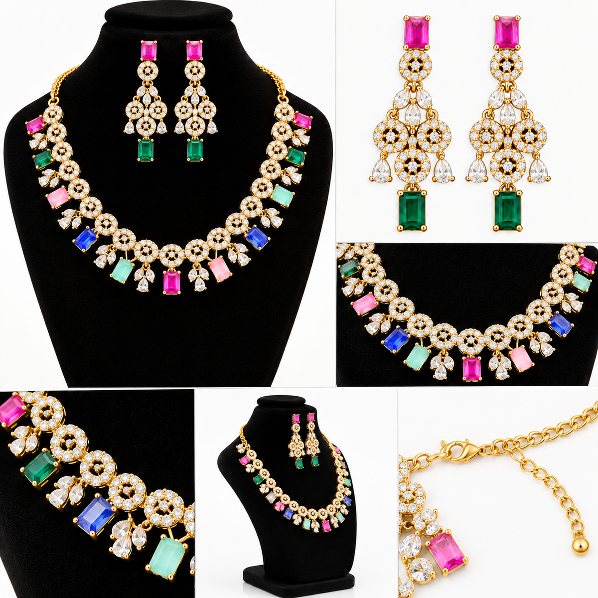 Multicolour Crystal Necklace & Earring Set | طقم عقد وأقراط كريستالي متعدد الألوان
