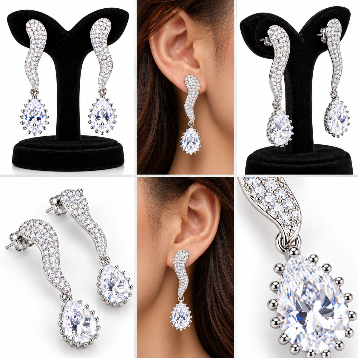 Silver-Tone Pavé Teardrop Drop Earrings | أقراط متدلية باللون الفضي بتصميم الدمعة المرصّع