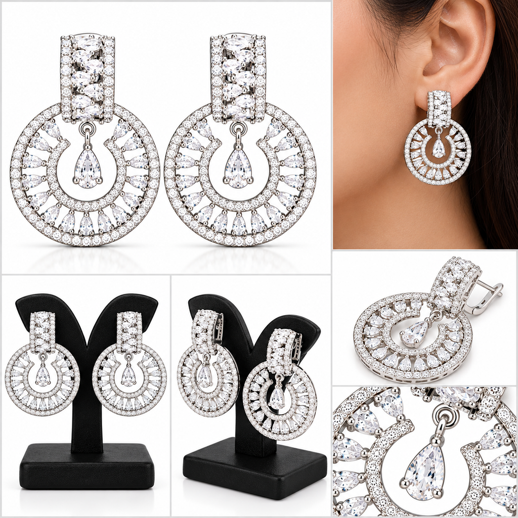 Silver-Tone Crystal Halo Drop Earrings | أقراط متدلية بتصميم هالة كريستالية بلون فضي