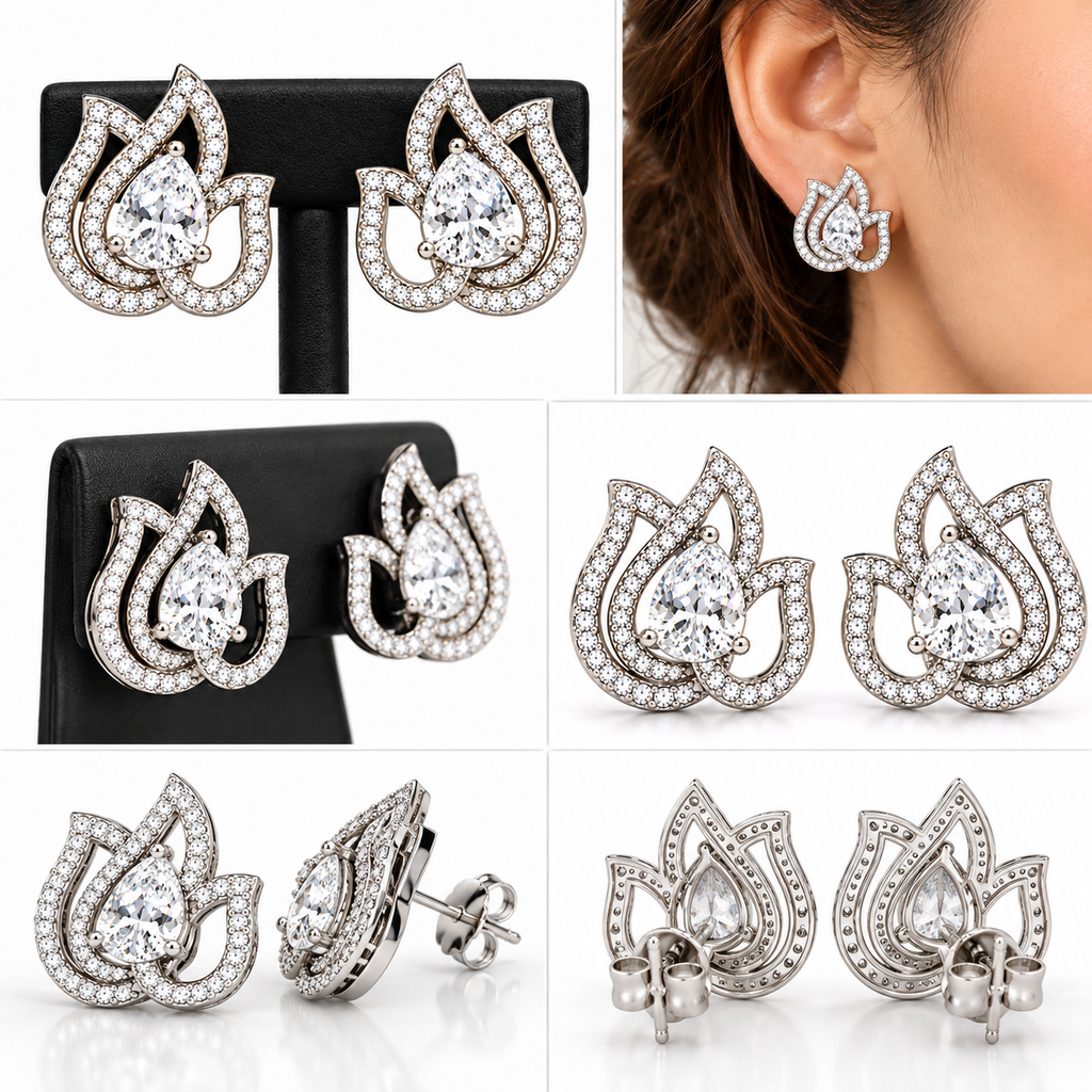 Elegant Lotus Design Crystal Stud Earrings | أقراط كريستالية بتصميم زهرة اللوتس الأنيق