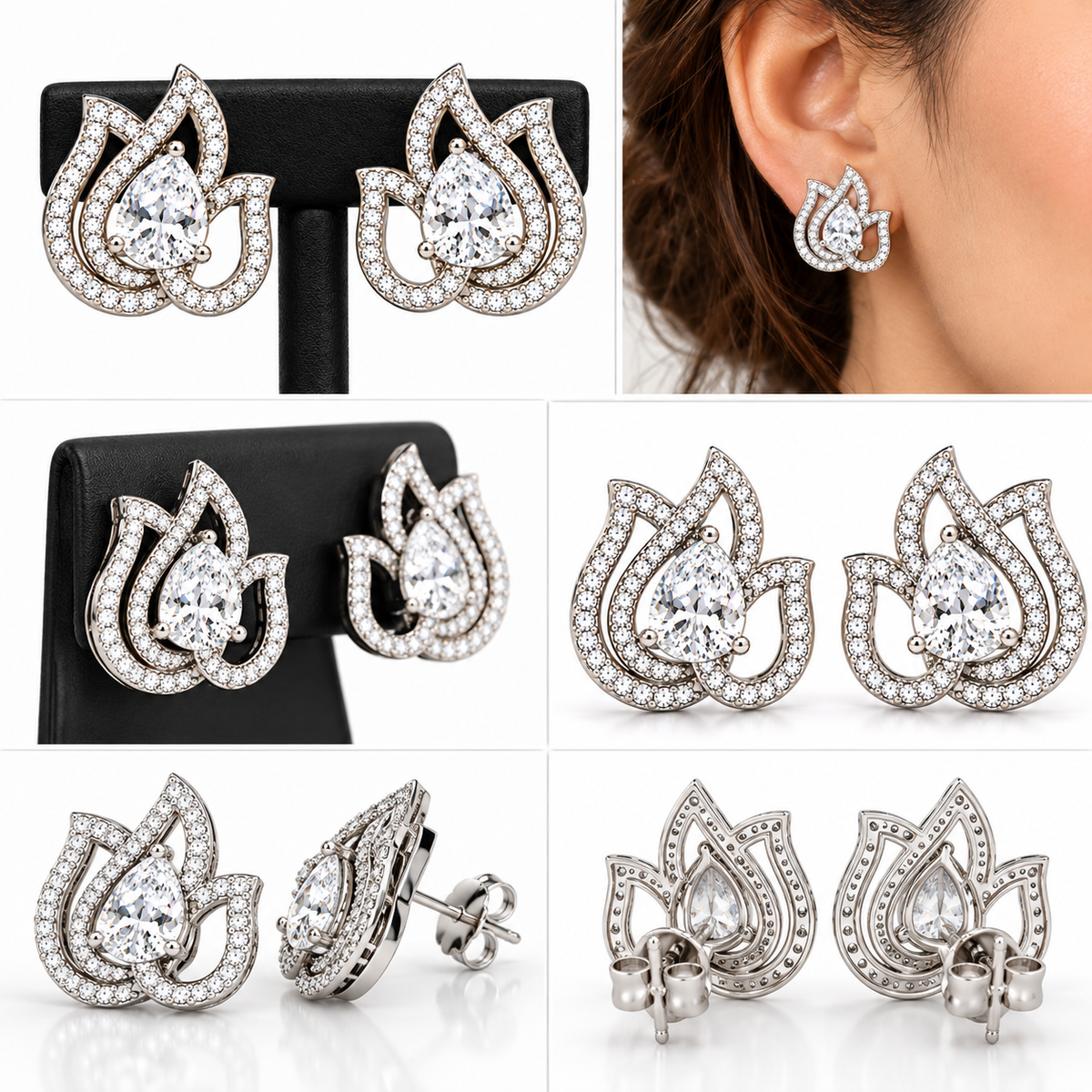 Elegant Lotus Design Crystal Stud Earrings | أقراط كريستالية بتصميم زهرة اللوتس الأنيق
