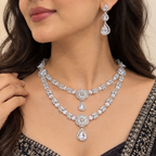 Silver-Tone Crystal Double-Layer Necklace & Chandelier Earrings Set | طقم عقد بطبقتين وأقراط متدلية بالكريستال واللون الفضي
