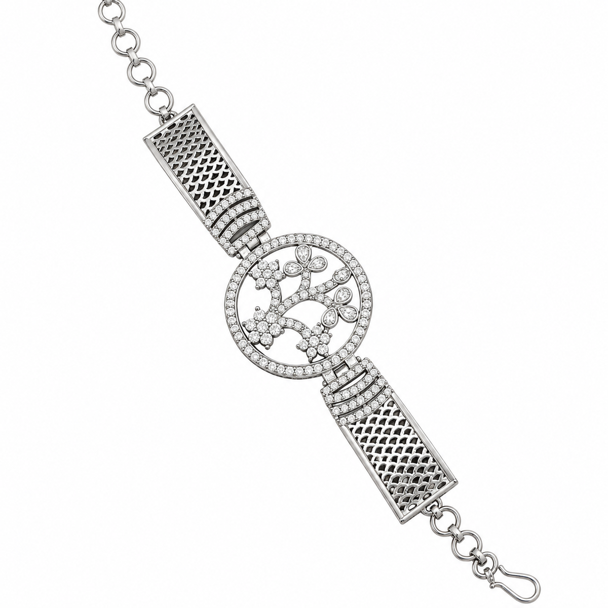Floral Crystal Medallion Chain Bracelet for Women | سوار نسائي بسلسلة وزخرفة دائرية بنقوش زهرية وكريستالية
