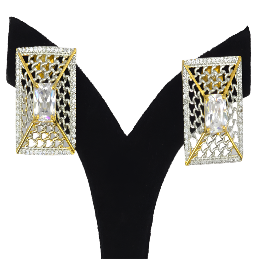 Elegant Dual-Tone Earrings with Clear Cubic Zirconia Stone