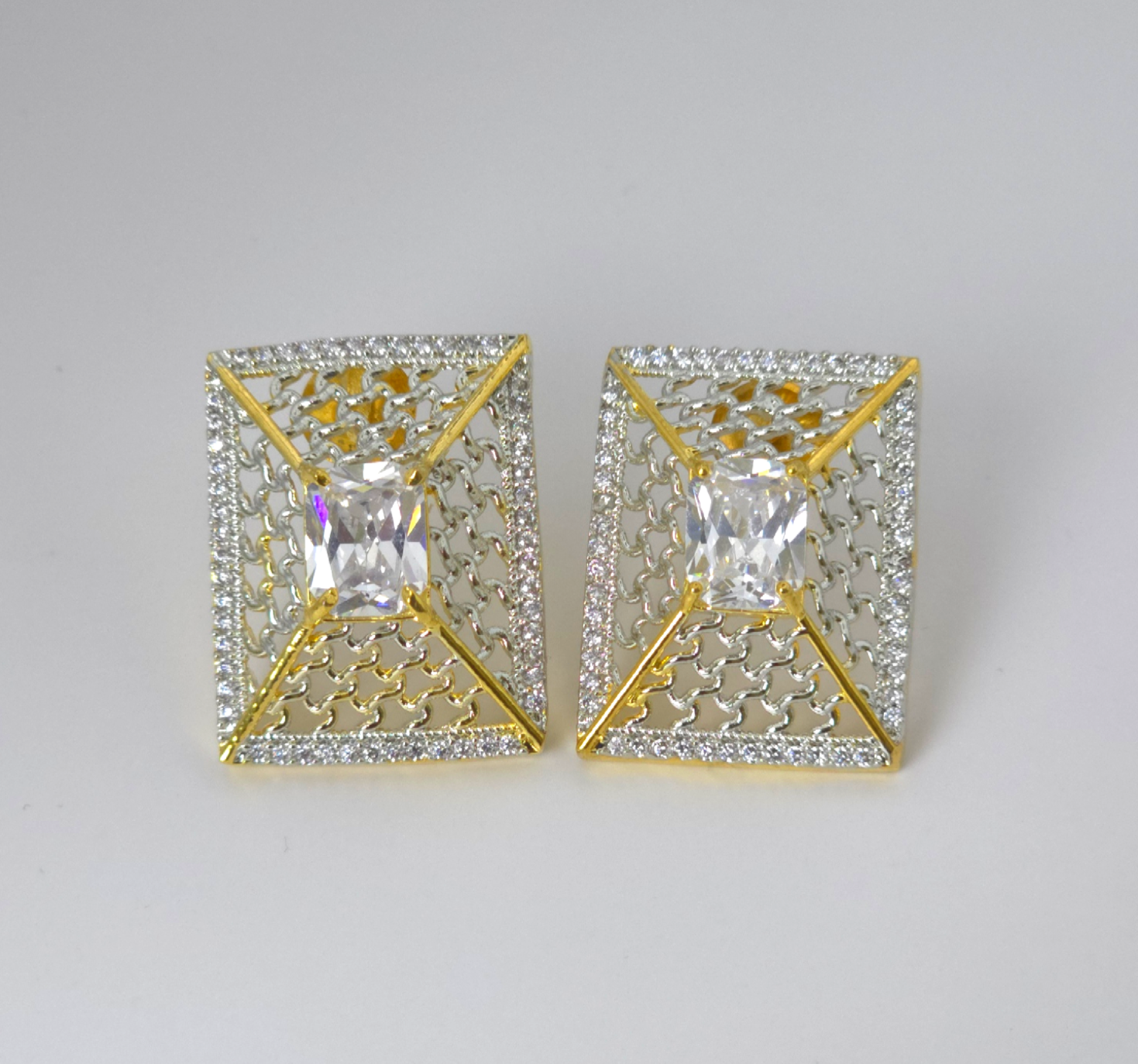 Elegant Dual-Tone Earrings with Clear Cubic Zirconia Stone