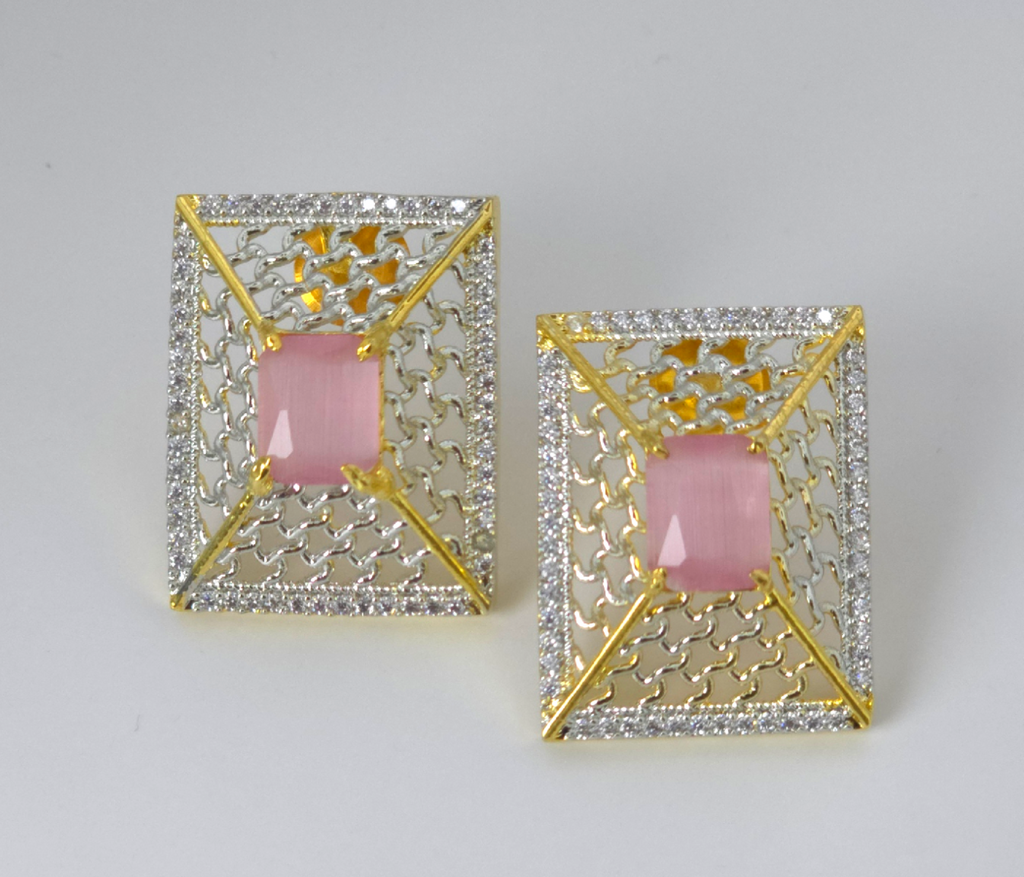 Elegant Dual-Tone Earrings with Pink Cubic Zirconia Stone