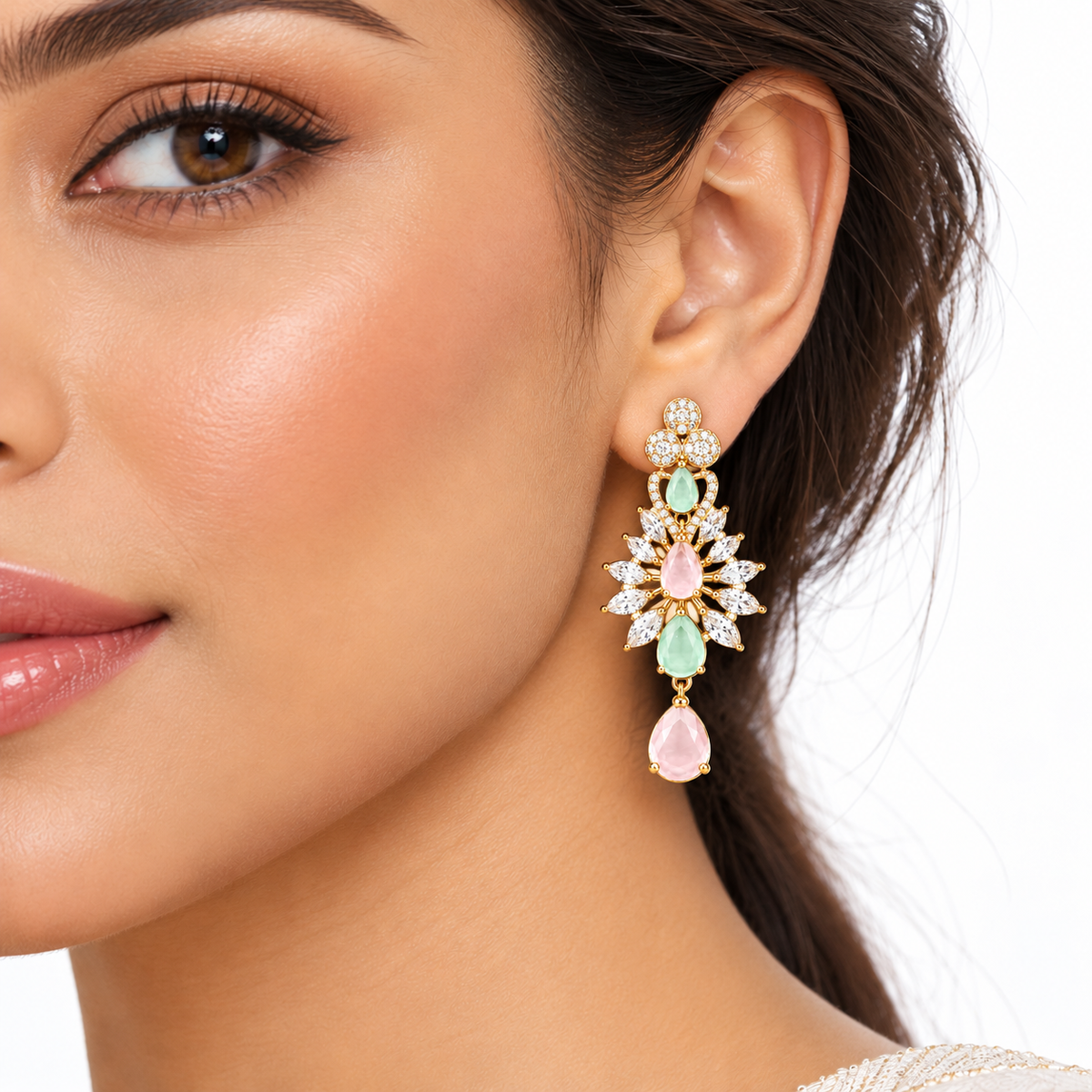 Pastel Gemstone Gold-Tone Chandelier Earrings | أقراط متدلية بتصميم ثريا وأحجار باستيل بلون ذهبي
