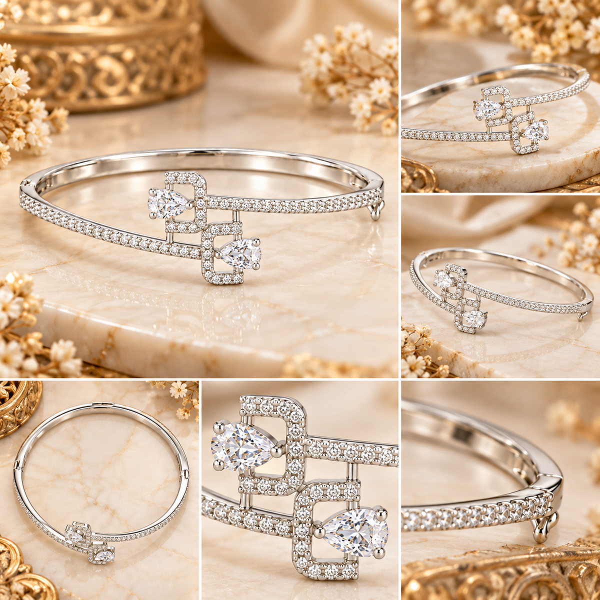 Elegant Silver-Tone Crystal Double-Band Bracelet | سوار أنيق بلون فضي مرصع بالكريستال بتصميم مزدوج