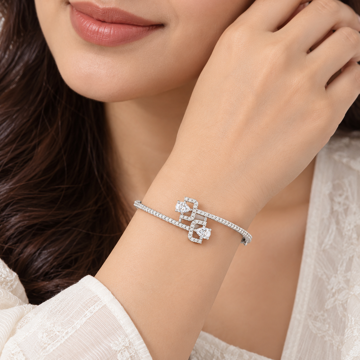 Elegant Silver-Tone Crystal Double-Band Bracelet | سوار أنيق بلون فضي مرصع بالكريستال بتصميم مزدوج