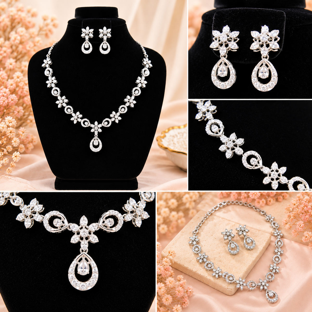Floral Crystal Necklace & Earrings Set – Silver-Tone | طقم عقد وأقراط كريستالي بتصميم الأزهار – لون فضي
