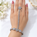 Floral Kaf Bracelet Set of 2 Pieces with Connected Ring | طقم كف خليجي بتصميم زهري من قطعتين مع خاتم متصل بسوار