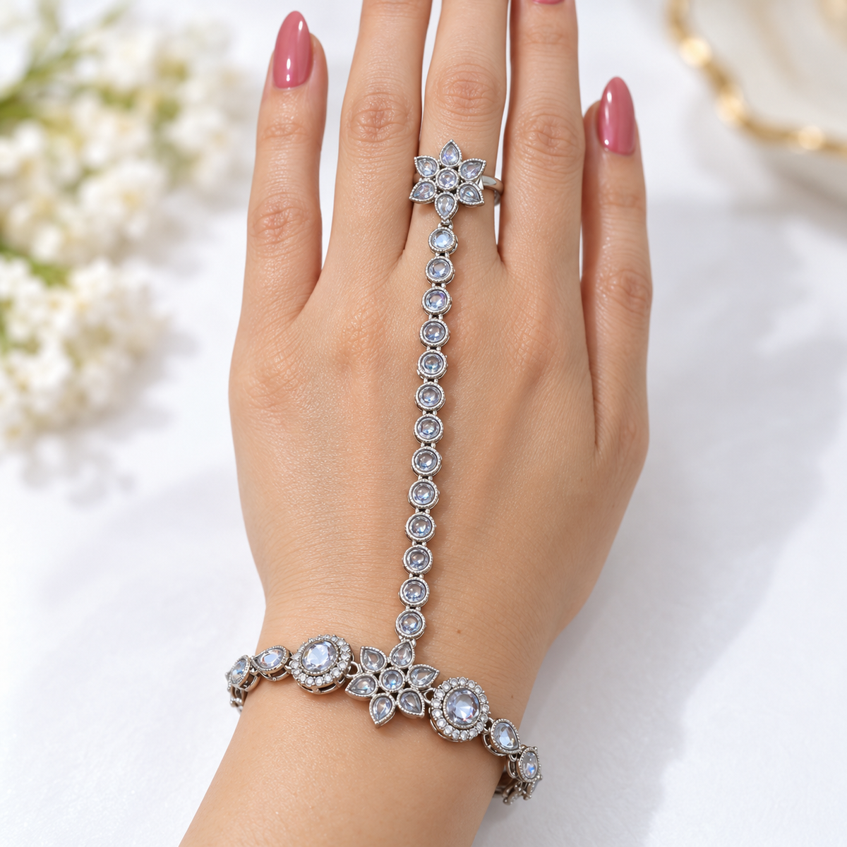 Floral Kaf Bracelet Set of 2 Pieces with Connected Ring | طقم كف خليجي بتصميم زهري من قطعتين مع خاتم متصل بسوار