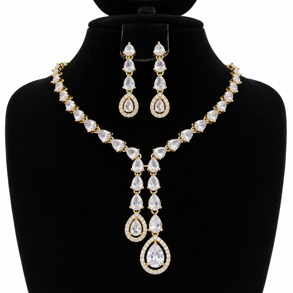 Gold-Tone Teardrop Crystal Necklace & Earrings Set | طقم عقد وأقراط كريستالي بتصميم الدمعة ولون ذهبي