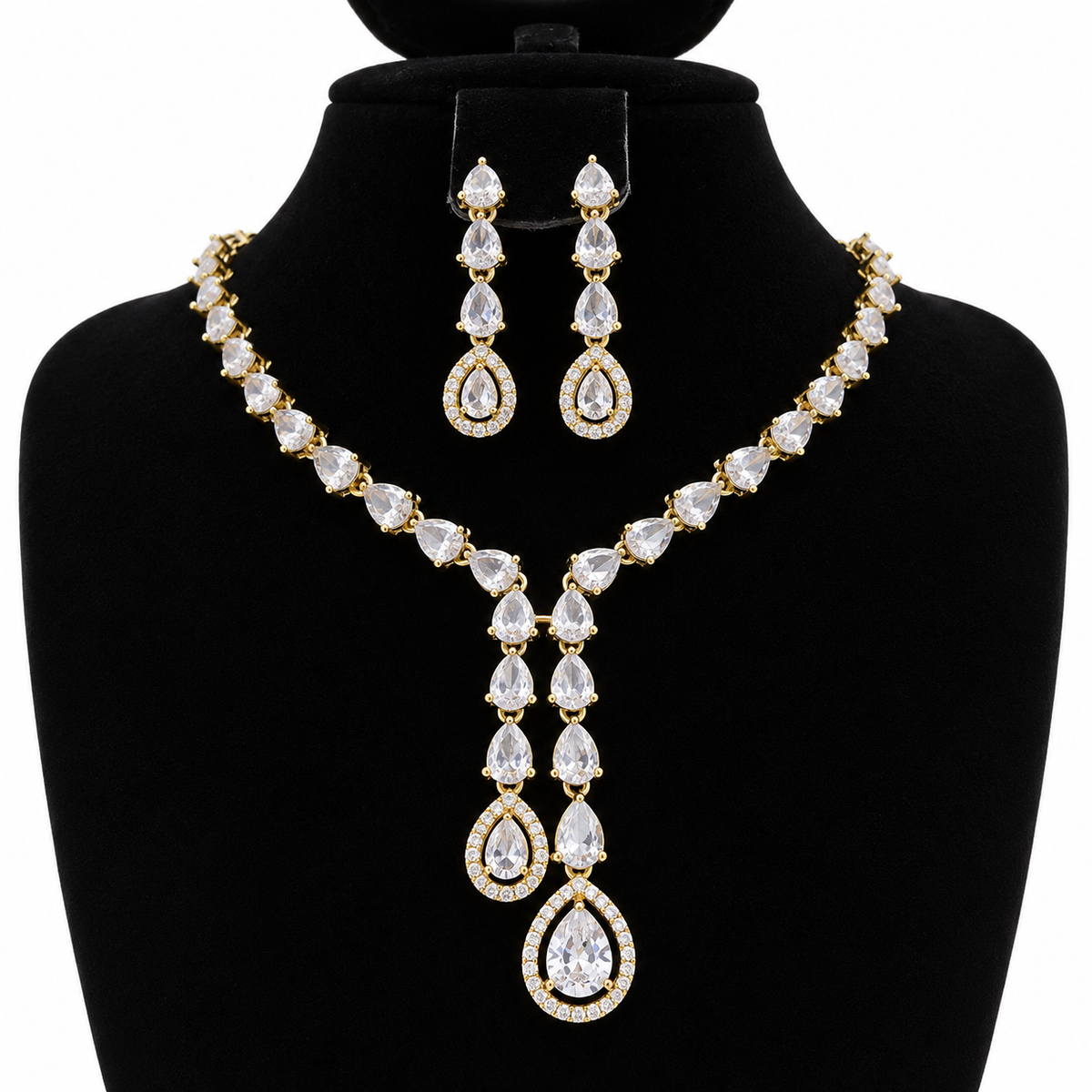Gold-Tone Teardrop Crystal Necklace & Earrings Set | طقم عقد وأقراط كريستالي بتصميم الدمعة ولون ذهبي