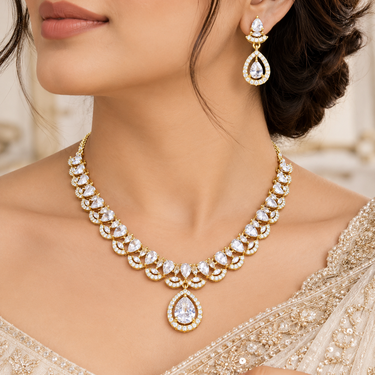 Gold-Tone Crystal Necklace & Earrings Set – Teardrop Design | طقم عقد وأقراط كريستالي بلون ذهبي وتصميم الدمعة