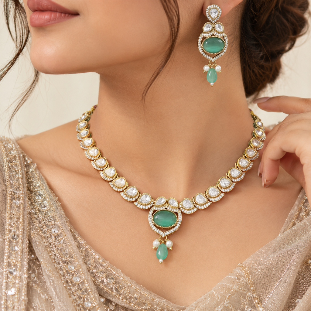 Gold-Tone Kundan Necklace & Earrings Set with Aqua Green Stones and Pearl Drops | طقم عقد وأقراط كوندان باللون الذهبي مع أحجار أخضر مائي وقلادات لؤلؤية