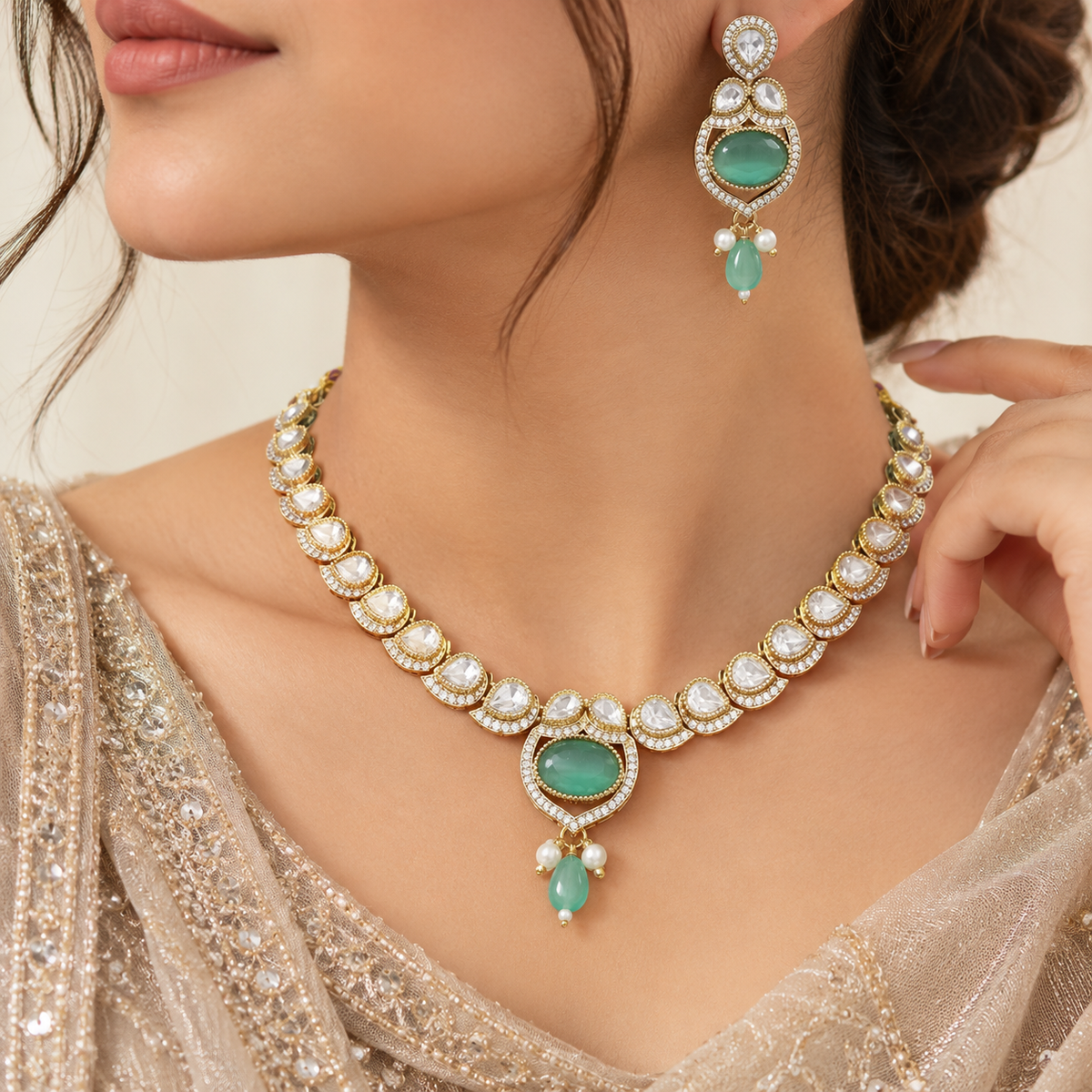 Gold-Tone Kundan Necklace & Earrings Set with Aqua Green Stones and Pearl Drops | طقم عقد وأقراط كوندان باللون الذهبي مع أحجار أخضر مائي وقلادات لؤلؤية