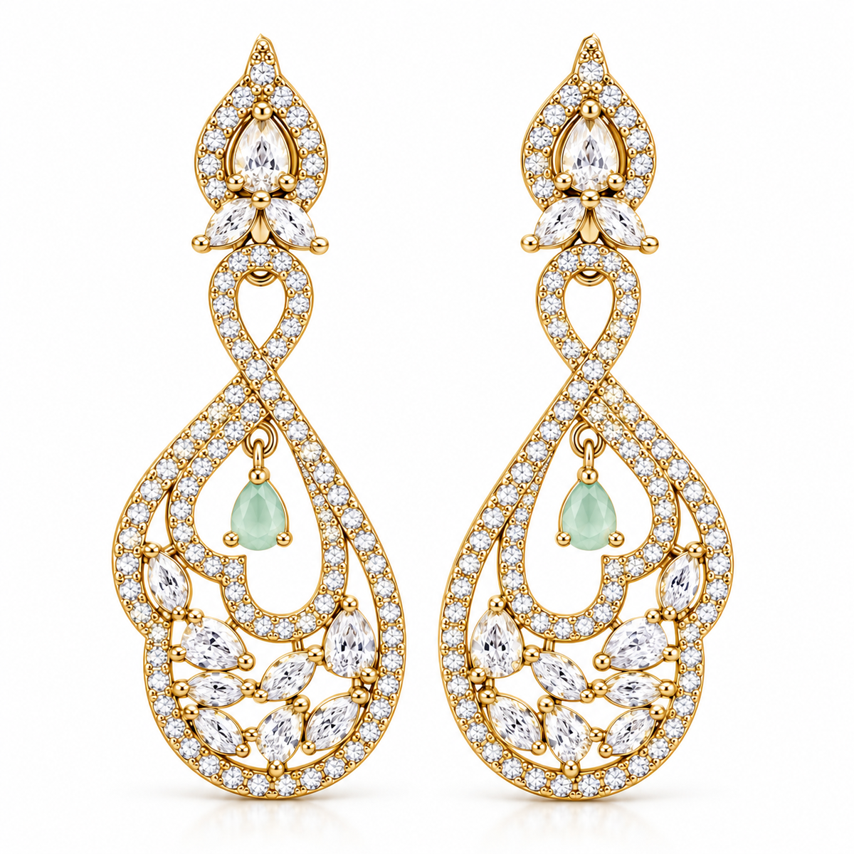 Gold-Tone Teardrop Dangle Earrings with Mint Green Stones | أقراط متدلية بلون ذهبي وأحجار باللون الأخضر النعناعي