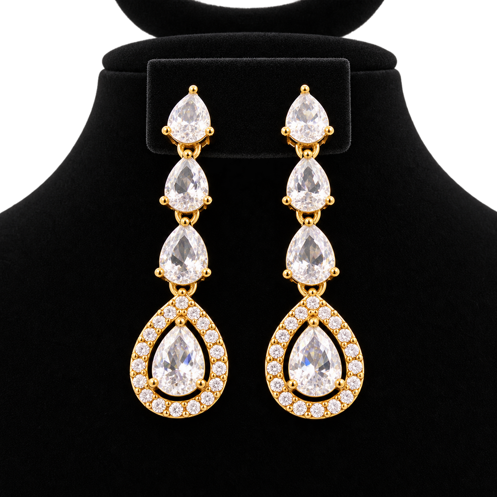 Gold-Tone Teardrop Crystal Necklace & Earrings Set | طقم عقد وأقراط كريستالي بتصميم الدمعة ولون ذهبي