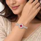 Ruby Red Crystal Halo Silver-Tone Bangle Bracelet | سوار مفتوح باللون الفضي مرصع بكريستال أحمر ياقوتي