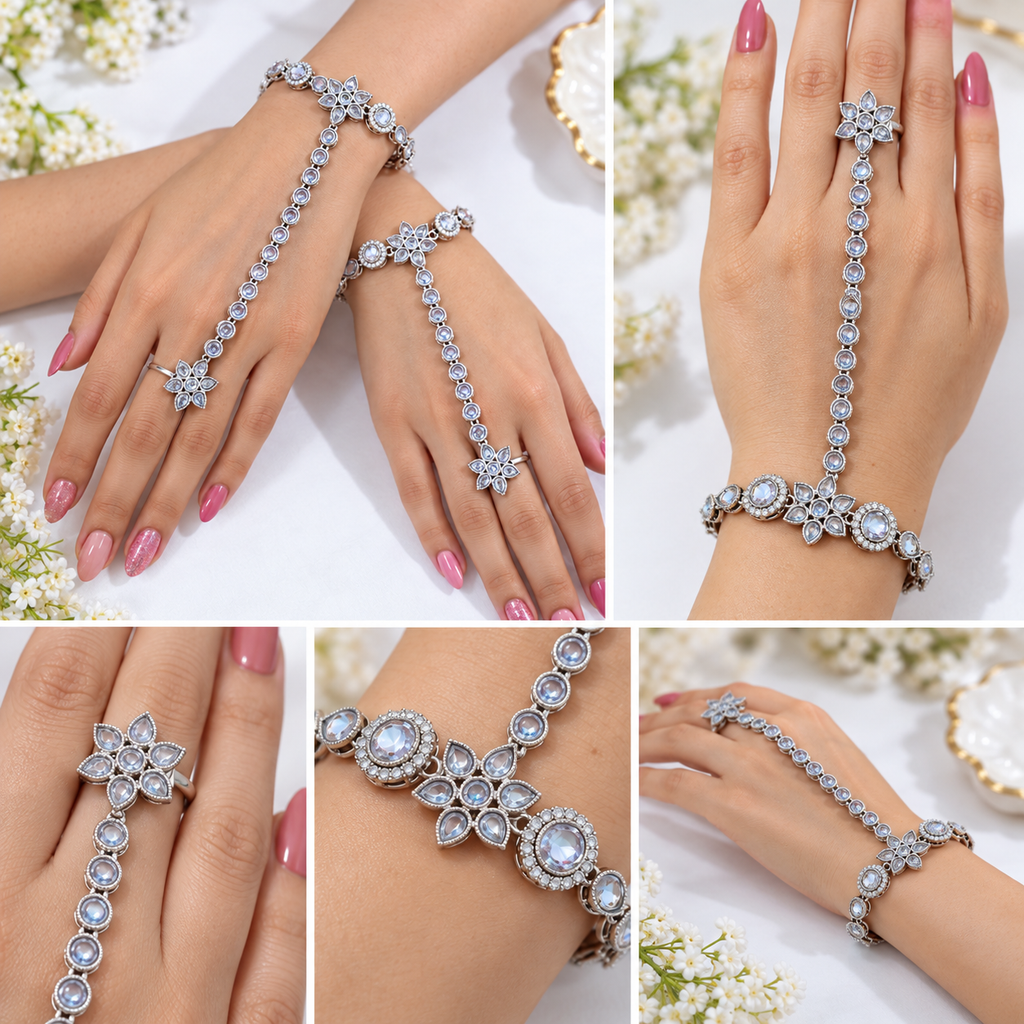 Floral Kaf Bracelet Set of 2 Pieces with Connected Ring | طقم كف خليجي بتصميم زهري من قطعتين مع خاتم متصل بسوار
