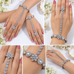 Floral Kaf Bracelet Set of 2 Pieces with Connected Ring | طقم كف خليجي بتصميم زهري من قطعتين مع خاتم متصل بسوار