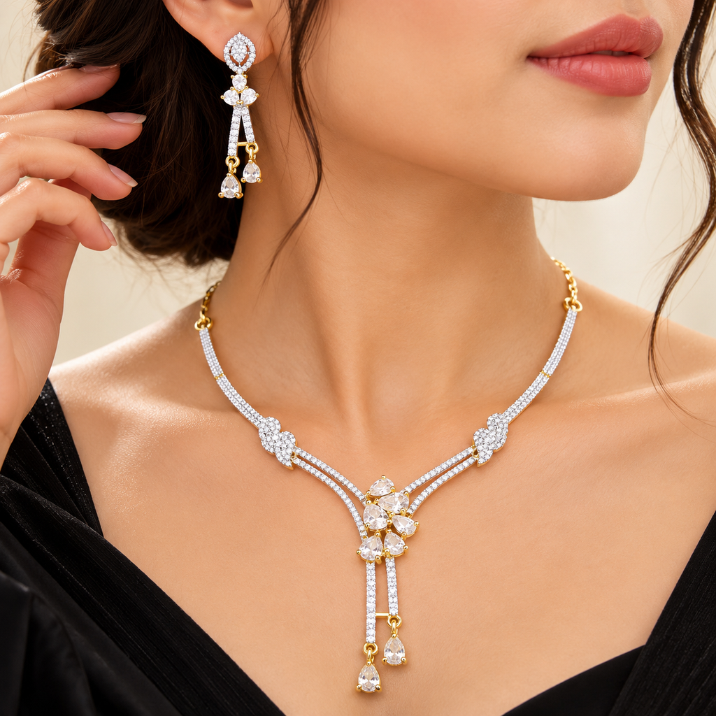 Elegant Crystal Necklace & Earrings Set – Y-Shaped Design | طقم عقد وأقراط كريستالي بتصميم أنيق