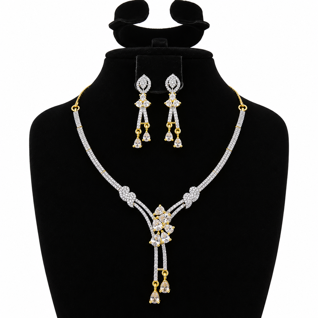 Elegant Crystal Necklace & Earrings Set – Y-Shaped Design | طقم عقد وأقراط كريستالي بتصميم أنيق