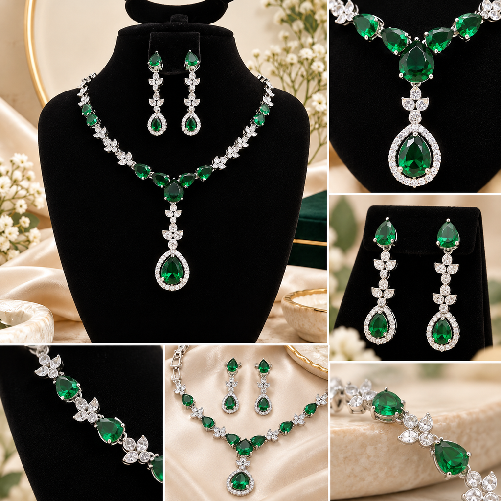 Emerald Green Crystal Necklace & Earrings Set – Silver-Tone | طقم عقد وأقراط بأحجار خضراء زمردية – لون فضي