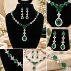 Emerald Green Crystal Necklace & Earrings Set – Silver-Tone | طقم عقد وأقراط بأحجار خضراء زمردية – لون فضي