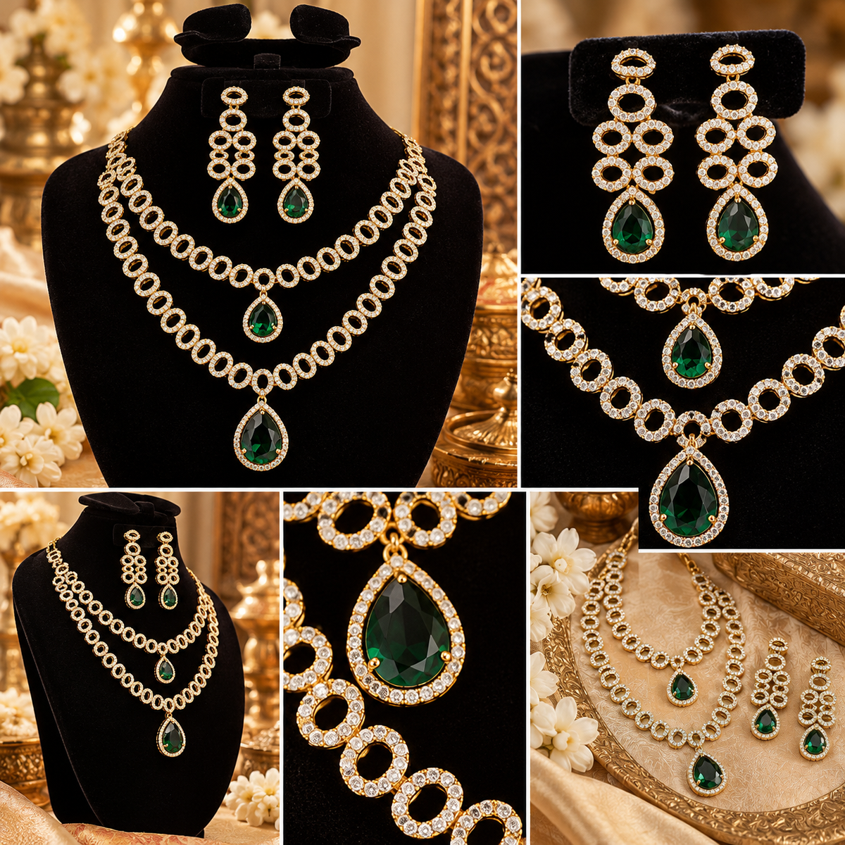 Emerald Green & Gold-Tone Chandelier Necklace and Earrings Set | طقم عقد وأقراط متدلية باللون الأخضر الزمردي والذهبي