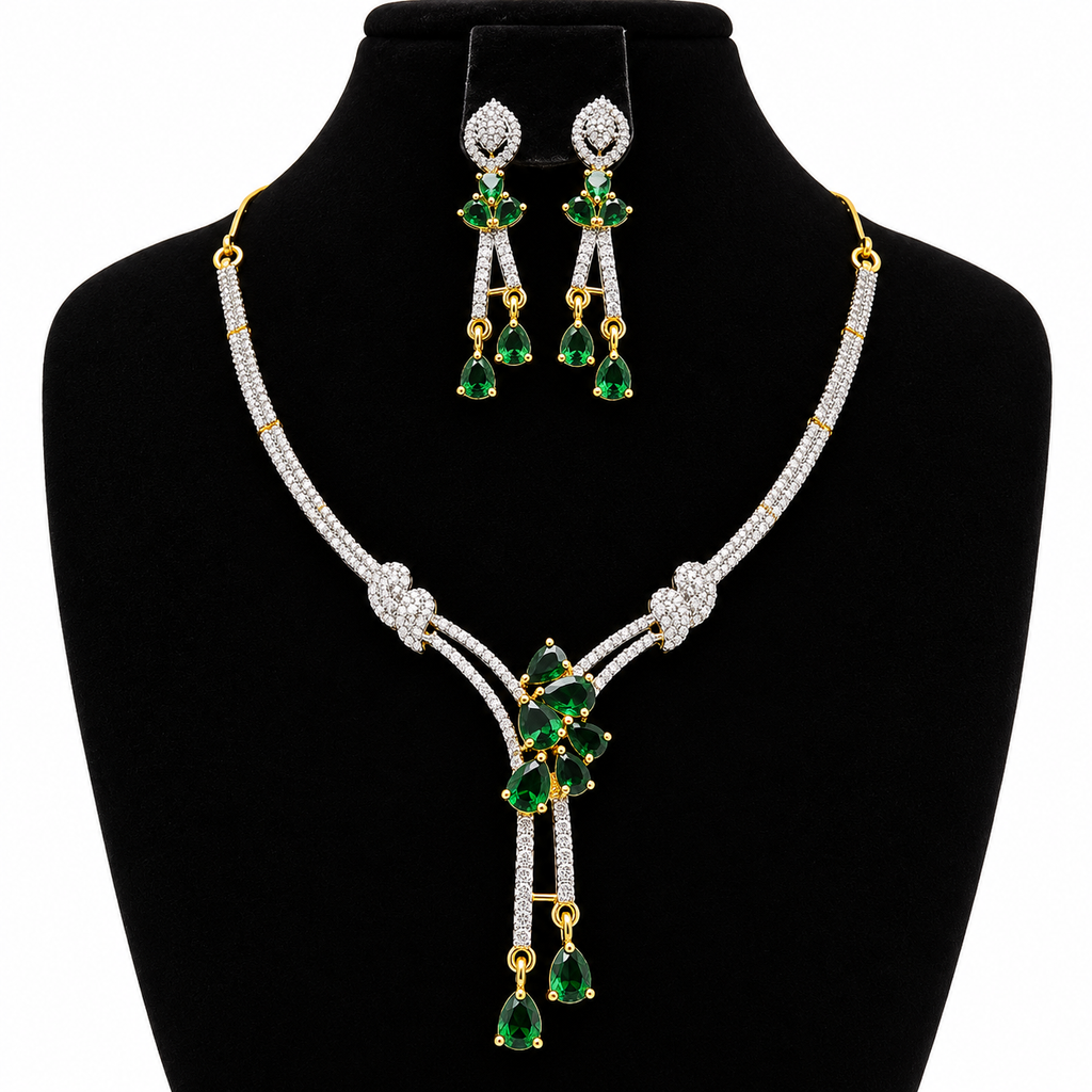 Elegant Crystal Necklace & Earrings Set – Y-Shaped Design | طقم عقد وأقراط كريستالي بتصميم أنيق